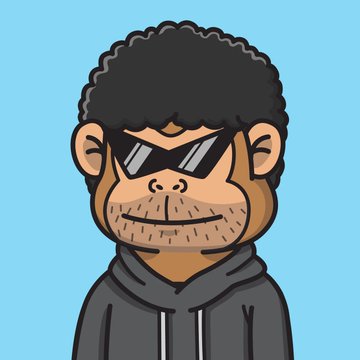 A cartoon illustration of a sunglasses-wearing monkey with curly black hair and a gray hoodie, no text visible in the image. The mascot-like character fits the playful branding of "Inkape," likely serving as the NFT collection's profile avatar being promoted in the "almost sold out" Opensea listing.