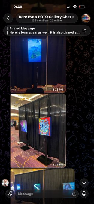 A mobile screenshot of a Telegram group chat called 'Rare Evo x FOTO Gallery Chat' with 135 members, displaying photos of digital art displays at an event, with a pinned message mentioning 'Here is form again as well.'