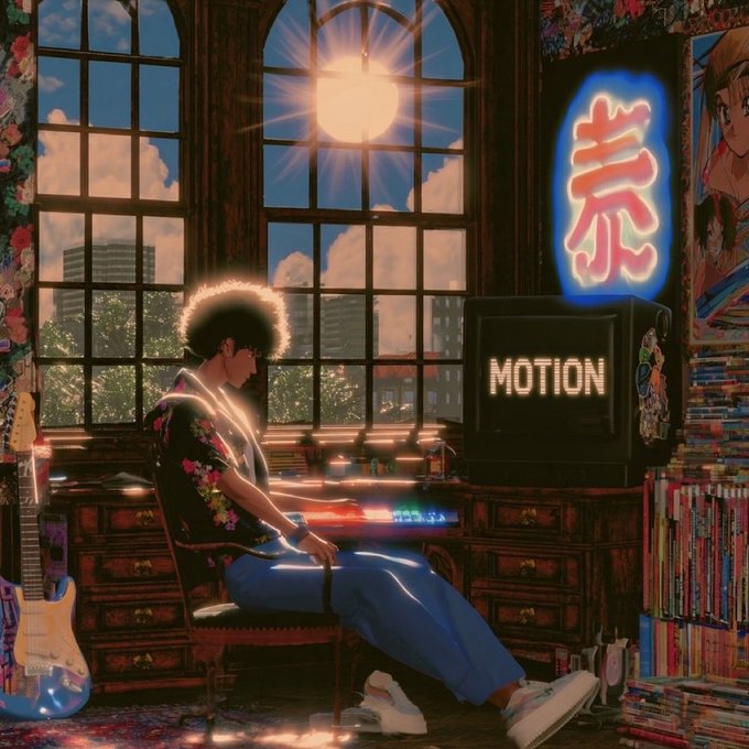 An anime-style illustration of a person with curly hair sitting at a desk with a controller, bathed in sunlight from a large window. A neon sign reads "MOTION".