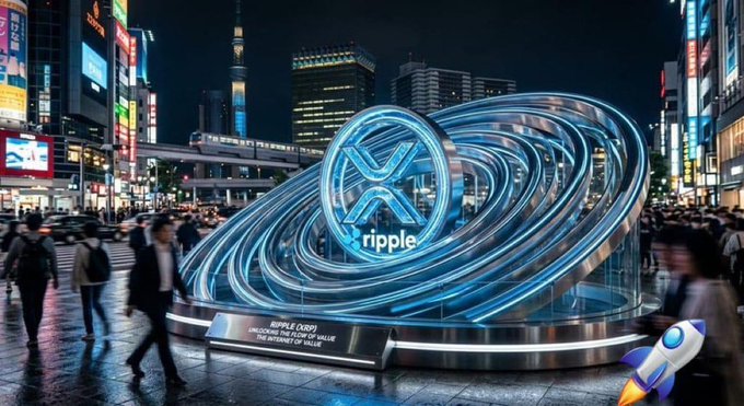 A stylized image shows a glowing blue Ripple (XRP) sculpture in a bustling city square at night, with the text 'RIPPLE (XRP) UNLOCKING THE FLOW OF VALUE THE INTERNET OF VALUE' displayed at its base.