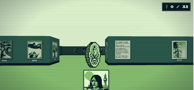 A pixel-art gallery scene shows a green-tinted watch on a display between two framed artworks, with a portrait of a woman below and a counter reading "0 / 33" in the top-right, illustrating The Galleria's NFT project where users explore paintings to earn whitelist spots for the August 14 mint of 2,618 supply on Ethereum.