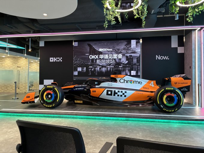 An orange and blue McLaren Formula 1 race car displayed in a showroom with OKX, Chrome, Dell, and Dropbox branding, alongside a screen reading 'OKX Meet Now' and '新加坡站' (Singapore Station).