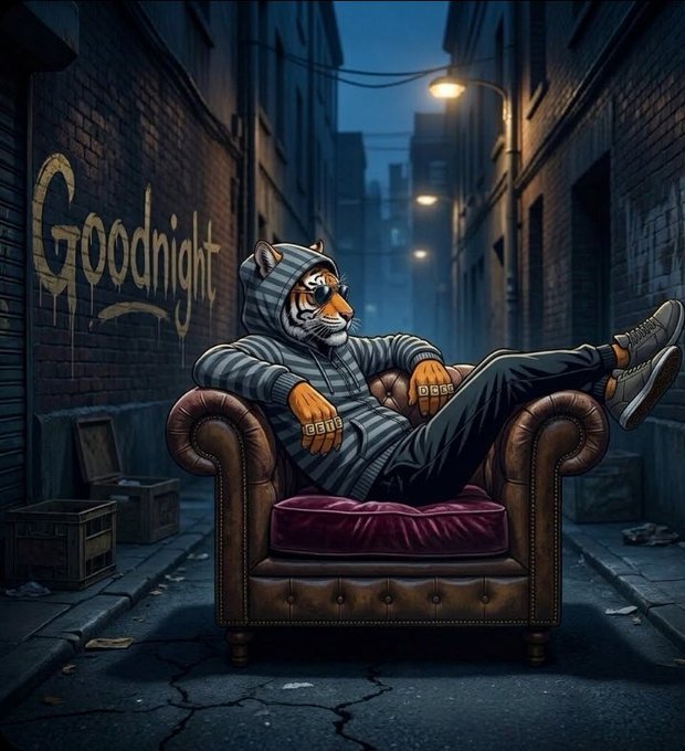 An anthropomorphic tiger in a gray hoodie lounges casually on a leather armchair in a moody urban alleyway, with "Goodnight" graffiti painted in dripping gold letters on the brick wall behind him—visually capturing the "GN" sign-off as the character chills before signing off for the night.