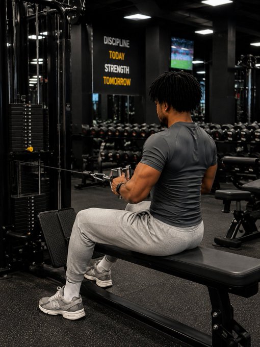 A muscular man with dreadlocks performs seated cable rows in a gym, with a wall sign behind him reading 'DISCIPLINE TODAY, STRENGTH TOMORROW.'