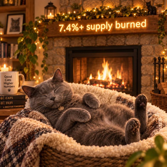 A gray cat sleeps on its back in a wicker basket beside a stone fireplace; a mug reads "Good Cats Higher Numbers" and a sign says "7.4%+ supply burned."