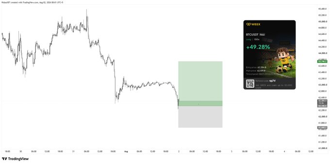 A TradingView chart of Bitcoin (BTCUSD) showing price action with a green highlighted zone, accompanied by a WOOX app ad displaying '+49.28%'.