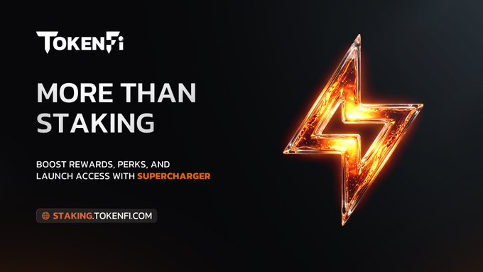 A promotional banner for TokenFi featuring a glowing orange lightning bolt with the headline "MORE THAN STAKING" and text promoting Supercharger to "BOOST REWARDS, PERKS, AND LAUNCH ACCESS," directing viewers to staking.tokenfi.com. The lightning bolt visually reinforces the "Supercharger" concept of amplified staking benefits beyond traditional passive yield.