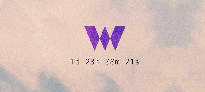 A minimalist countdown timer showing "1d 23h 08m 21s" with a purple "W" logo against a soft peach and blue cloudy background.