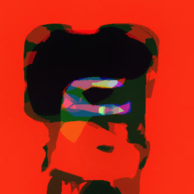 A heavily distorted, abstract digital portrait in red, green, and black tones showing a figure with dark sunglasses.