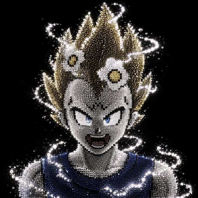 A digital artwork depicts an anime character with spiky blonde hair and an angry expression, rendered in a sparkling, bead-like texture with lightning effects around them.