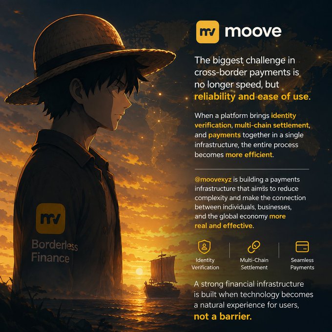 An anime-style boy in a straw hat stands before a sunset ocean view, promoting 'moove' cross-border payments with highlights on identity verification, multi-chain settlement, and seamless payments.