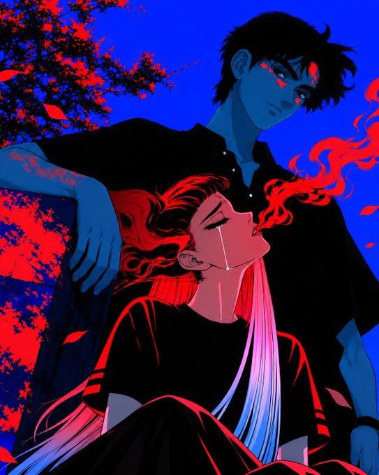 A digital illustration of two anime-style characters against a blue and red background; a blue-skinned male figure stands behind a red-haired female figure who is leaning her head back and exhaling a plume of red fire or smoke.