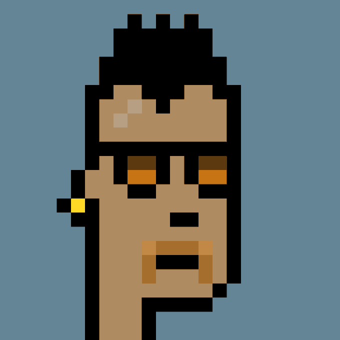 A pixel art portrait of a CryptoPunk character with dark hair and an earring, set against a blue background. The image corresponds to the CryptoPunk #9018 NFT referenced in the post, which was purchased for 36.95 ETH.