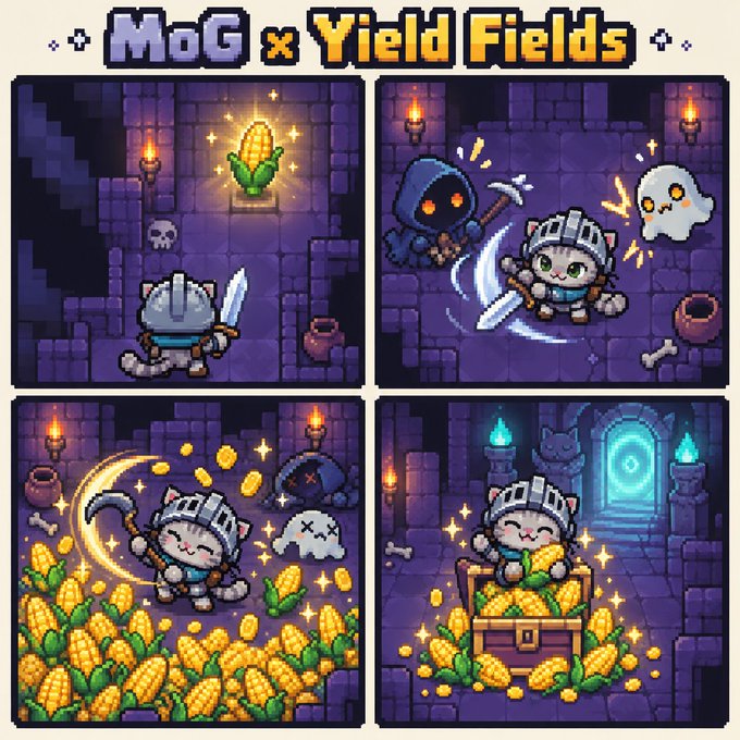A pixel art illustration titled 'MoG x Yield Fields' showing a cat knight character in four panels: approaching a glowing corn, fighting a reaper and ghost, harvesting a corn field with a scythe, and sitting on a treasure chest of corn.
