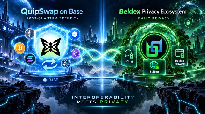 A futuristic promotional graphic for cryptocurrency showing 'QuipSwap on Base POST-QUANTUM SECURITY' on the left and 'Beldex Privacy Ecosystem DAILY PRIVACY' on the right, featuring an infinity symbol and text reading 'INTEROPERABILITY MEETS PRIVACY'.