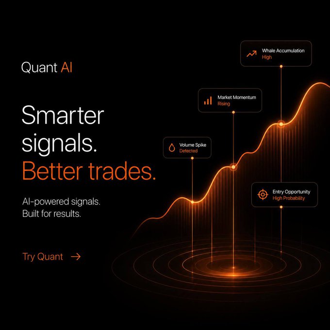 The image is a screenshot from a website that shows an orange light bar with text descriptions and icons about trading. The main focus is on the "Quant AI" part, which appears to be the main function or purpose of the image. The background is black, emphasizing the text elements in the foreground.