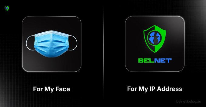 A digital graphic comparing two icons: a blue face mask labeled 'For My Face' and a green shield/globe logo labeled 'For My IP Address' with the Belnet branding and belnet.beldex.io URL.