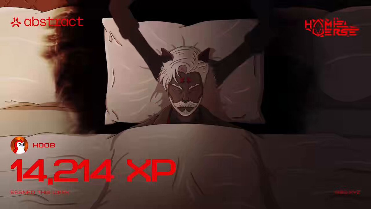 The image features a cartoon character with white hair, wearing a red shirt, sitting on a bed with a pillow behind him. The text "Reached Gold @ Abstract Chain From bottom to the top" is displayed at the bottom of the image.
