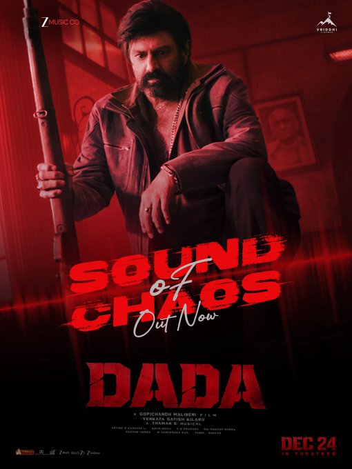 A bearded man in dark attire holds a rifle amid a dramatic red-lit backdrop, promoting the film "DADA" with bold text announcing "Sound of Chaos Out Now" and a theatrical release date of December 24, aligning with the post's invitation to experience the film's sonic intensity.