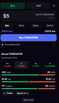 A mobile interface displaying a token called 'FOMOATER' on the Overthinkers Club, priced at $5 with a 0.50% fee, showing buy/sell stats and an 'Unverified token' warning.
