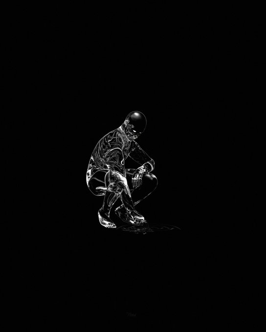 A black and white minimalist digital illustration of a crouching humanoid figure with intricate patterns on its body, pouring a liquid from a vessel onto the ground.