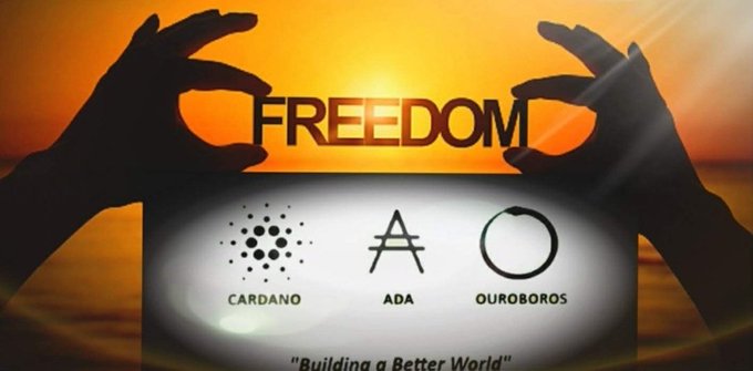 The image features a person's hands holding up the word "FREEDOM" against an orange background, with three logos below them that read "cardano", "ADA", and "Ouroboros". The text "LFG $ADA" is also present in the image.