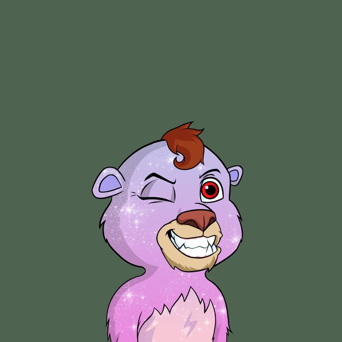 A cartoon-style illustration of a purple bear-like creature with a red tuft of hair, winking one eye and grinning to show pointed teeth, with a sparkling, glittery texture on its fur.