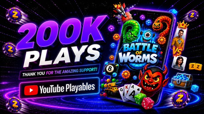 A promotional graphic celebrating '200K PLAYS' for the game 'Battle of Worms' on YouTube Playables, featuring colorful game characters and gem icons.