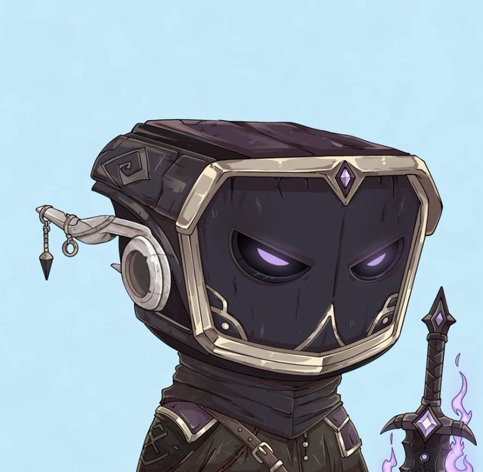 A chibi-style illustration of a mysterious hooded figure with glowing purple eyes and dark armor, holding an enchanted sword emitting purple flames, embodying a fantasy NFT warrior aesthetic.