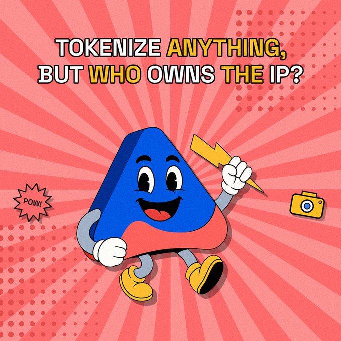 A retro-style graphic with a red sunburst background featuring a cartoon character shaped like the Avalanche (AVAX) logo holding a lightning bolt, with text reading 'TOKENIZE ANYTHING, BUT WHO OWNS THE IP?' and a 'POW!' speech bubble.