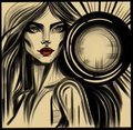 A stylized illustration of a dark-haired woman with red lips holding a glowing orb, set against a background of radiating lines.
