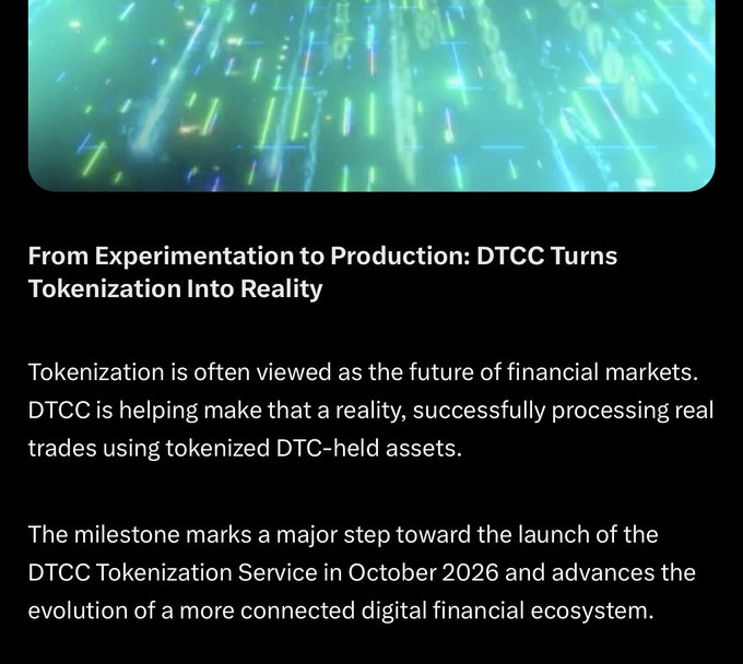A digital graphic with a teal-toned abstract background featuring light streaks and code-like patterns, accompanied by text announcing DTCC's milestone of processing real trades using tokenized DTC-held assets, marking progress toward the DTCC Tokenization Service launch in October 2026.