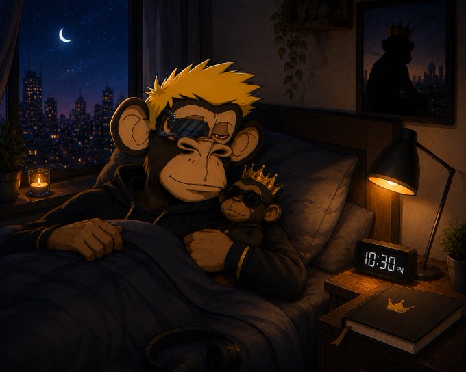 A digital illustration of a Bored Ape NFT character wearing sunglasses, lying in bed at night, holding a smaller ape wearing a crown, with a digital clock reading 10:30 PM.