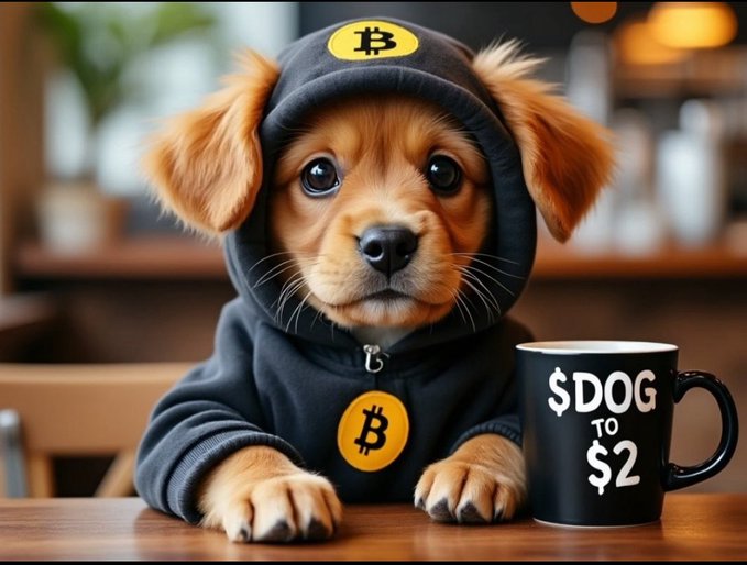 An adorable puppy wearing a black Bitcoin-themed hoodie sits at a table next to a coffee mug displaying "$DOG to $2," visually reinforcing the bullish price target sentiment for the meme coin.

Key text visible: **$DOG TO $2**