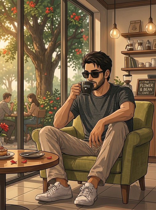 An illustrated scene of a man with sunglasses sipping coffee in a green armchair inside 'The Flower & Bean Cafe', with other patrons visible through the large window.
