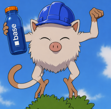 A cartoon illustration of a white, fluffy pig-like creature wearing a blue cap, holding a blue water bottle labeled "base," and flexing its other arm.