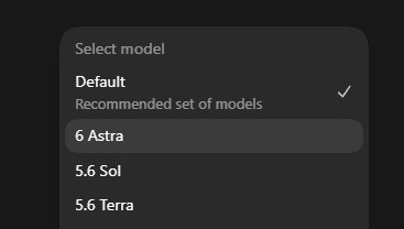 A model selection menu titled "Select model" displays options including "Default" (Recommended set of models), "6 Astra" (currently highlighted/selected), "5.6 Sol", and "5.6 Terra". The image corresponds to the post showing the user choosing the 🟢Astra model as their subscription plan.