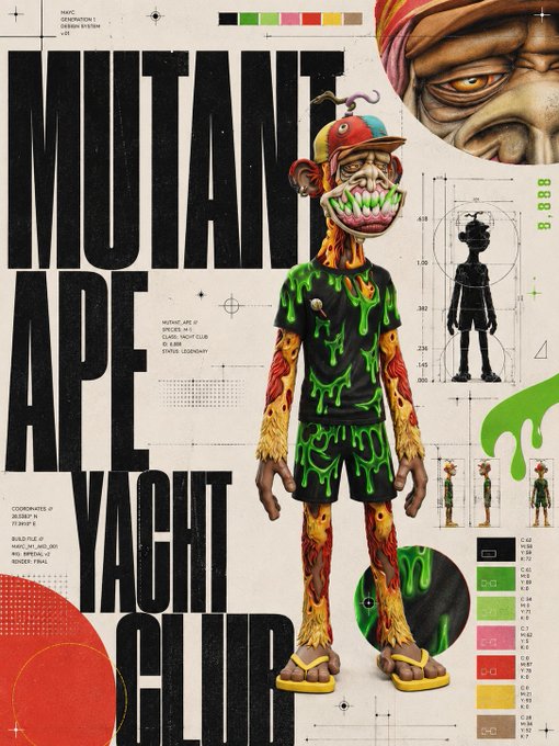 A poster design featuring a 3D-rendered mutant ape character in green slime-dripped clothing, titled 'MUTANT APE YACHT CLUB' with technical specs noting 'NAME: MUTANT APE', 'COLLECTION: YACHT CLUB', and 'EDITION: LEGENDARY'.