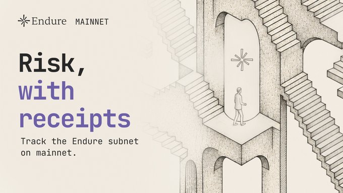 A promotional graphic for Endure Mainnet features the text 'Risk, with receipts' and 'Track the Endure subnet on mainnet' alongside an illustration of a figure standing before a doorway between staircases.