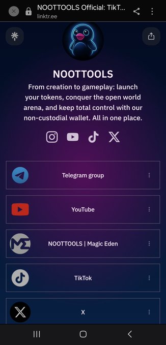 A mobile screenshot of the 'NOOTTOOLS Official: TikT...' Linktree page, featuring a penguin avatar, tagline about tokens and non-custodial wallets, and links to Telegram, YouTube, Magic Eden, TikTok, and X.