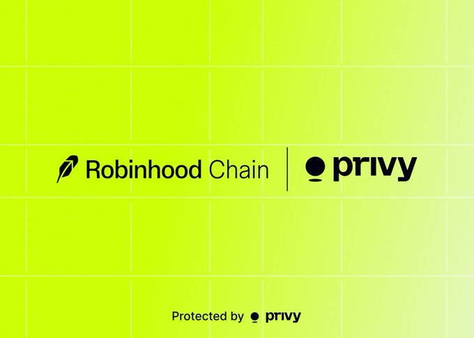 The image displays a co-branded graphic featuring the "Robinhood Chain" and "privy" logos on a bright yellow-green grid background, with "Protected by privy" text at the bottom. This visual reinforces the partnership announcement, highlighting Privy as the wallet infrastructure provider powering Robinhood Chain's onchain financial services.