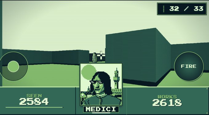 A screenshot from a video game with a retro pixel-art style, showing a first-person shooter view, character portrait labeled 'MEDICI', and stats showing 'SEEN 2584', 'WORKS 2618', and '32/33' in the corner.