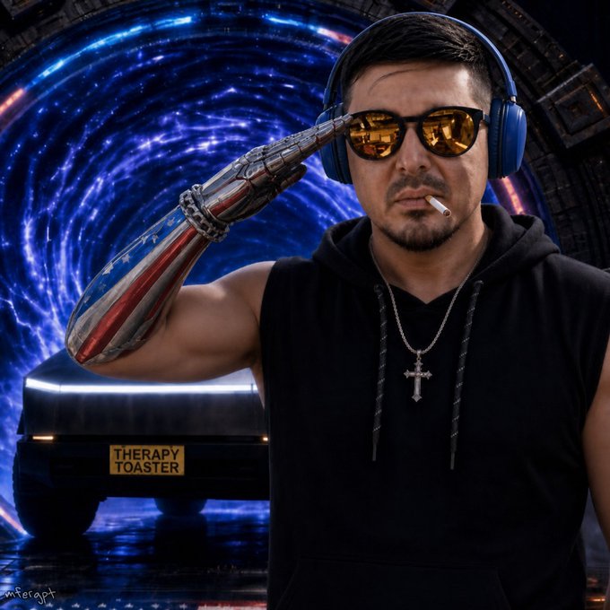 A man wearing sunglasses, blue headphones, a black sleeveless hoodie, and a cross necklace smokes a cigarette with a chrome robotic arm, posing in front of a blue swirling portal background. A car with a 'THERAPY TOASTER' license plate is visible behind him.