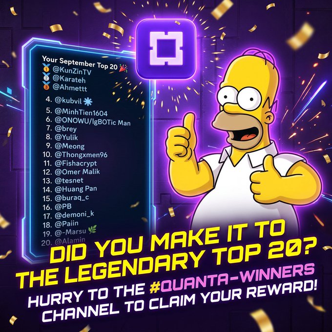 A promotional graphic featuring Homer Simpson celebrating 'Your September Top 20' winners list, with the caption 'DID YOU MAKE IT TO THE LEGENDARY TOP 20?'