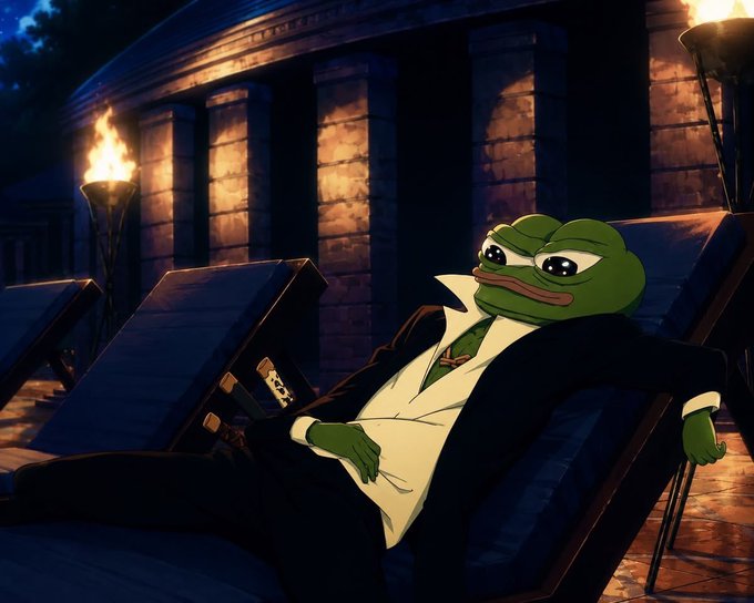 An illustration shows a green Pepe the Frog character wearing a black suit and white shirt, reclining in a chair with knives tucked into his waistband in a dimly lit stone room with torches.