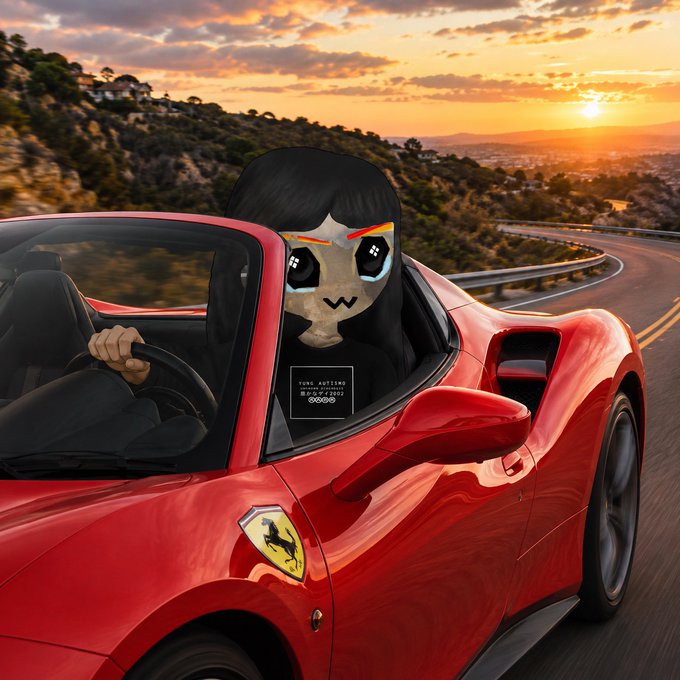 A cartoonish figure drives a red Ferrari convertible along a winding hillside road at sunset, with the iconic prancing horse logo visible on the side and text reading "TONE AESTHEMS / RIDER SCENES / 09:00" displayed on what appears to be a screen on the dashboard.

The "GM CT" context suggests this stylized, low-effort image — likely AI-generated with surreal cartoon proportions — is being mocked as a crude representation of General Motors' commercial trucking, with the Ferrari and racing imagery likely poking fun at grandiose or absurd corporate marketing visuals.
