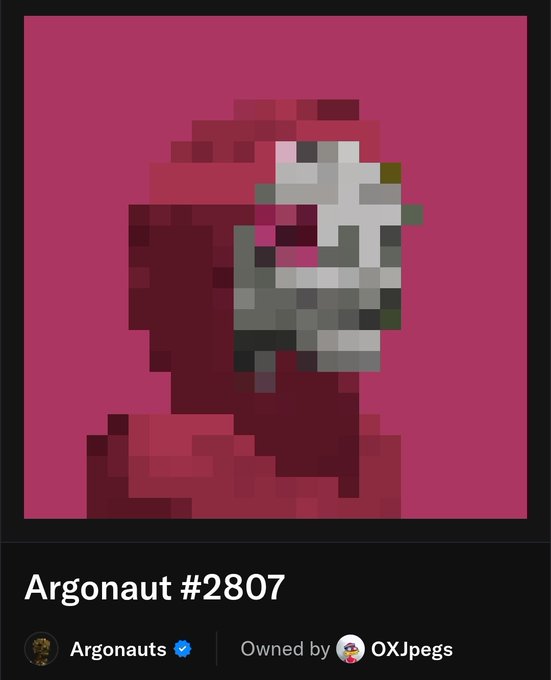 Argonaut #2807, a pixelated red character NFT owned by 0XJpegs, shown in response to 887's congratulatory message about narrowly missing out on purchasing it.