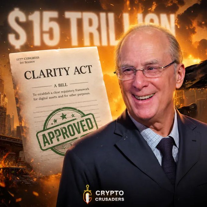 A smiling man in a suit and glasses stands before a fiery background featuring a document labeled "CLARITY ACT" stamped "APPROVED" and text reading "$15 TRILLION," with the "Crypto Crusaders" logo at the bottom. The image visually promotes the accompanying post's message that $15 trillion BlackRock is urging the US Senate to pass the Crypto Clarity Act, with "$XRP" referenced as a ticker of interest to the crypto community.