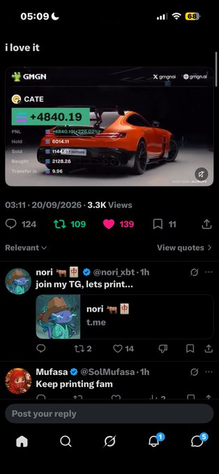 A dark-themed mobile app screenshot, possibly a crypto tracker, showing a bright orange Porsche with a massive +4840.19% gain for the token $CATE, along with community comments.
