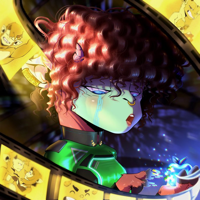 Digital illustration of a green-skinned anime character with curly red hair, horns, and glowing blue tears, surrounded by film strips featuring animated characters.